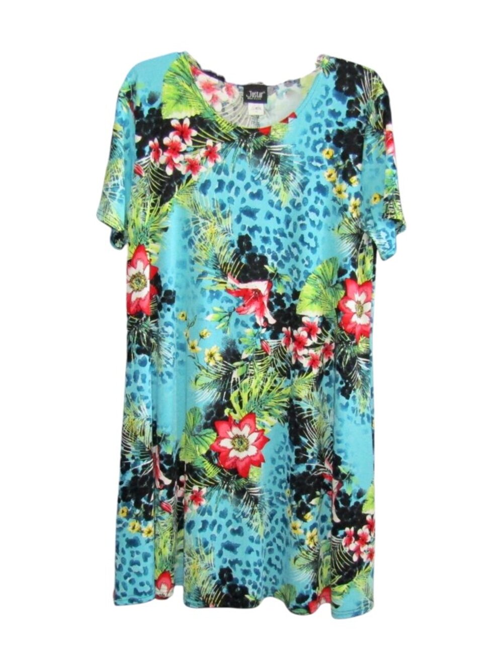 Jostar Blue Leopard Floral Short Sleeve Tunic Dress 2XL Made in USA Stretch